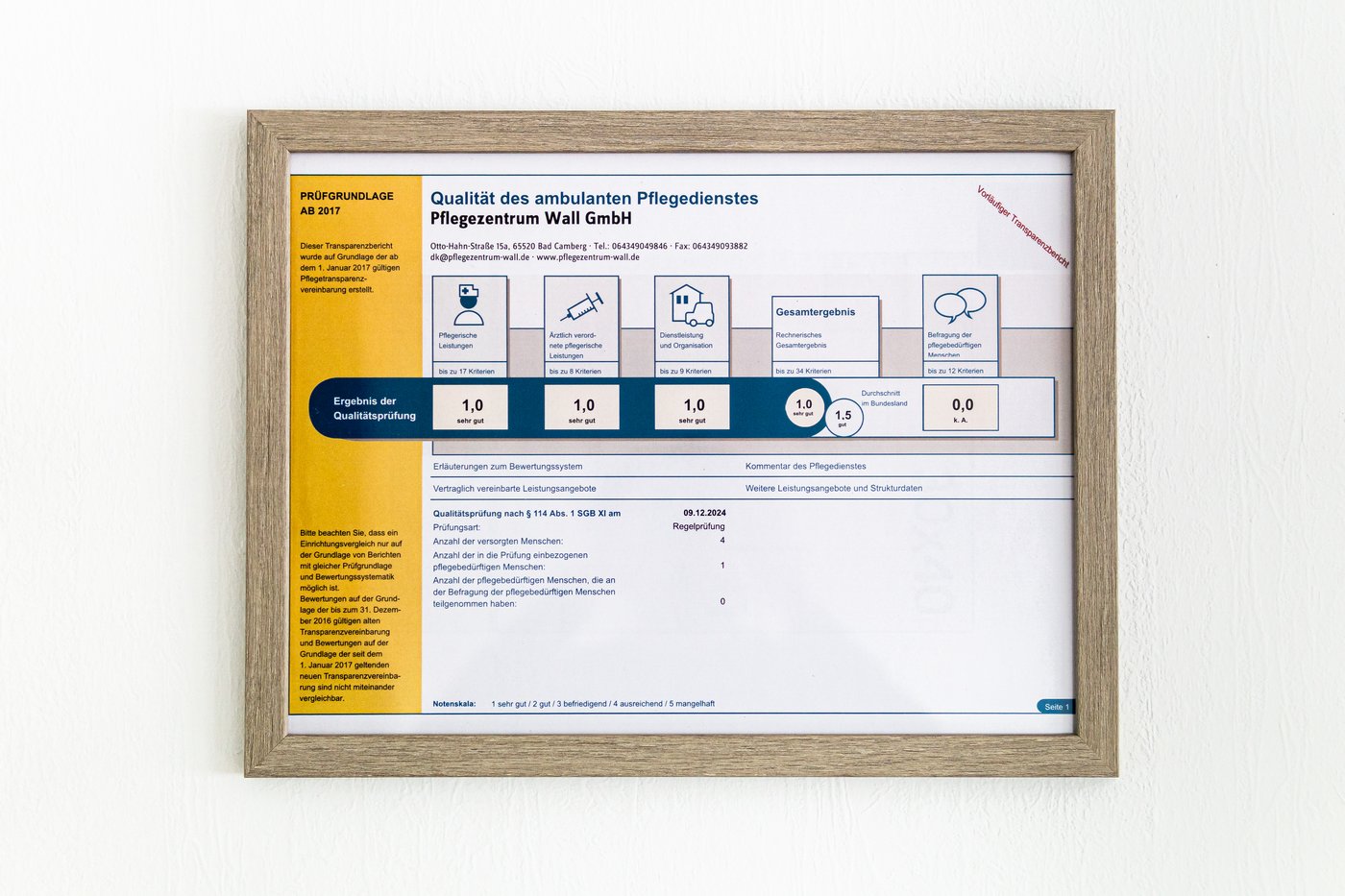Transparenzbericht: Qualitätsprüfung des Pflegezentrum Wall mit der Bestnote 1,0 (sehr gut)